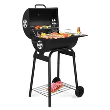 Charcoal Grill with Side Table and Wheels, Large Outdoor BBQ Grill, Barrel Grill