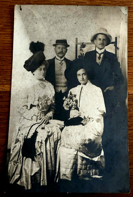 Antique Postcard Russia   Portrait Two Couples Smartly Dressed Hats Bouquets