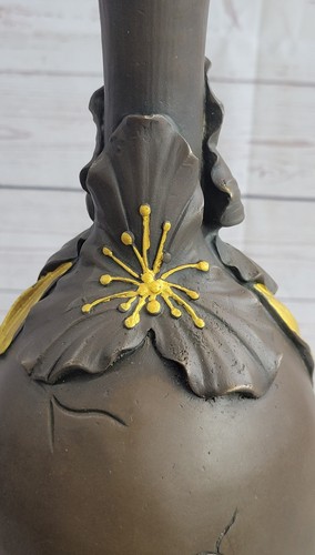 Art Nouveau Bronze Metal Vase on Marble Base Female Portrait Flowers Signed Art - Picture 8 of 10