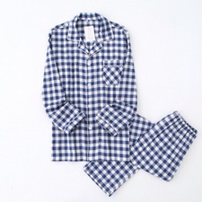 Cotton Lapel Double Layer Gauze Sleepwear Plaid Pajama Set Long Sleeve Nightwear