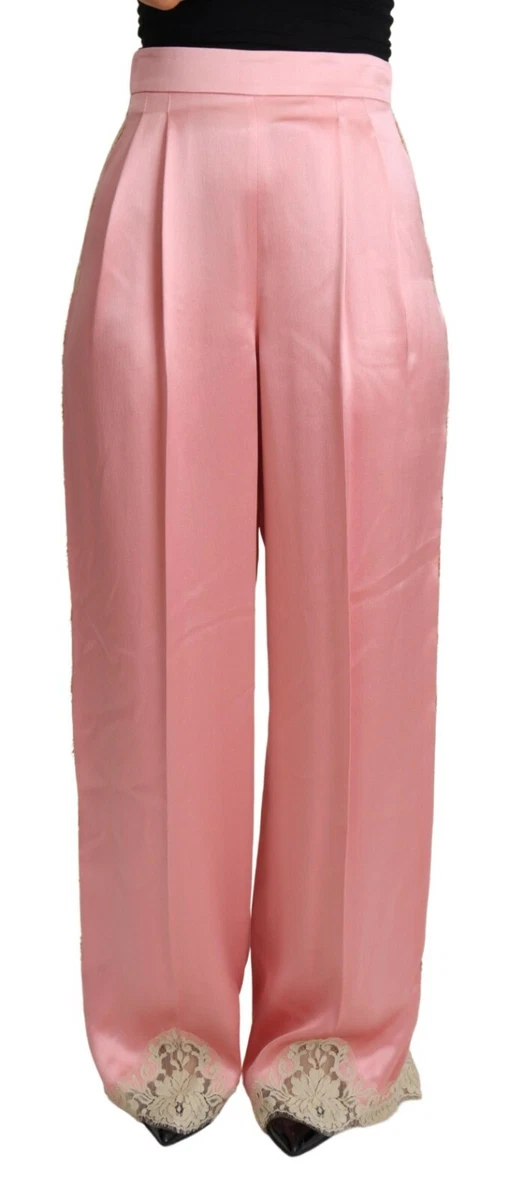 DOLCE & GABBANA Pants Pink Lace Trimmed Silk Satin Wide Legs IT40