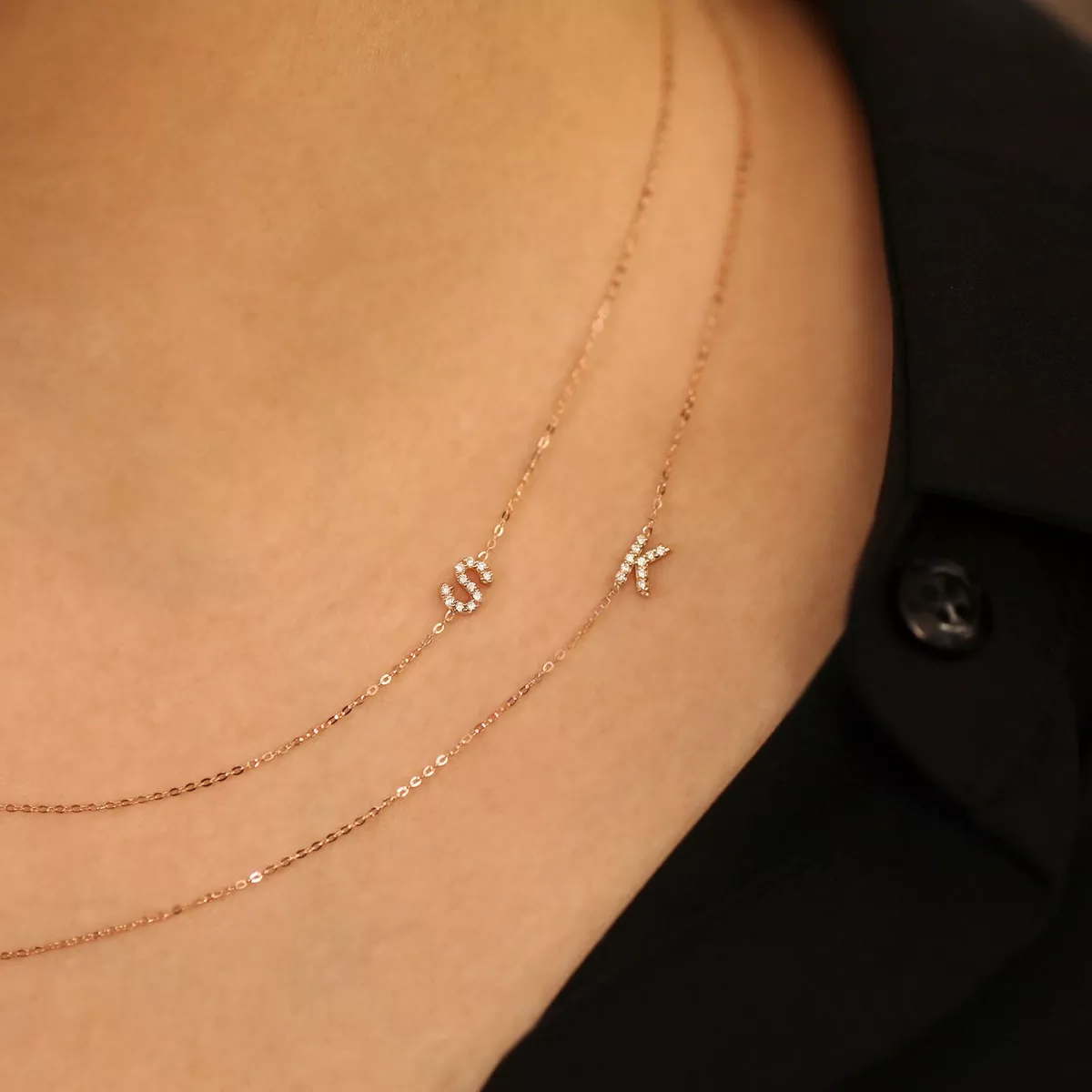 Personalized Sideways Diamond Initial 14K Solid Gold Charm Pendant Necklace