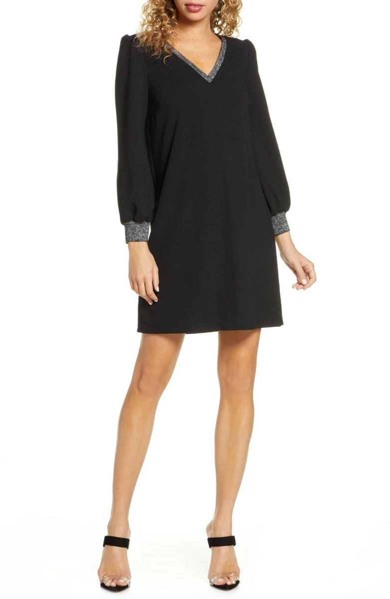 Sam Edelman metallic trim black long sleeve shift dress size 4 NWT