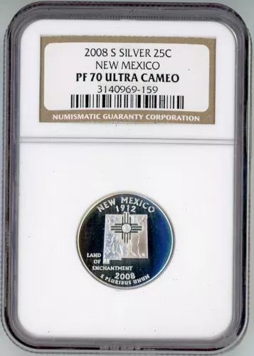 2008-S Silver Proof New Mexico 25C NGC PF70 UCAM State Quarter Ultra Cameo