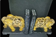 Pier 1 Primative Resin Carved Wood Look Elephant Bookends Heavy Brown Black Base