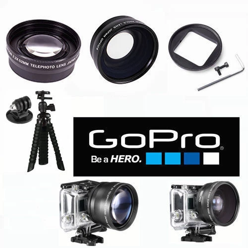 VIVITAR/XIT/DIGITAL CONCEPTS FISHEYE LENS + 2X ZOOM LENS + TRIPOD FOR GOPRO HERO4 HERO3 FITS ALL GOPRO HERO