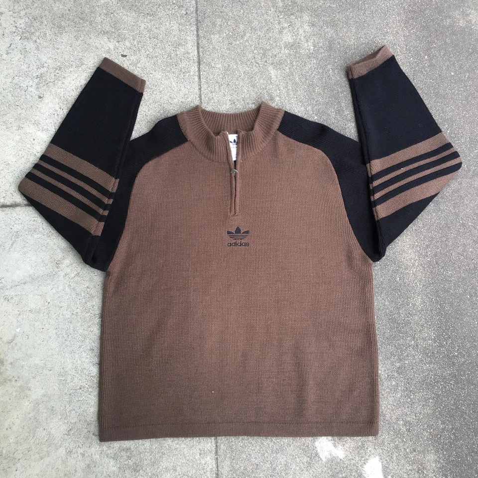 Suéter Tejido Adidas De Colección Hombres Grande 1/4 Cremallera Pullover Marrón Logo Sudadera Foto 2 de 4