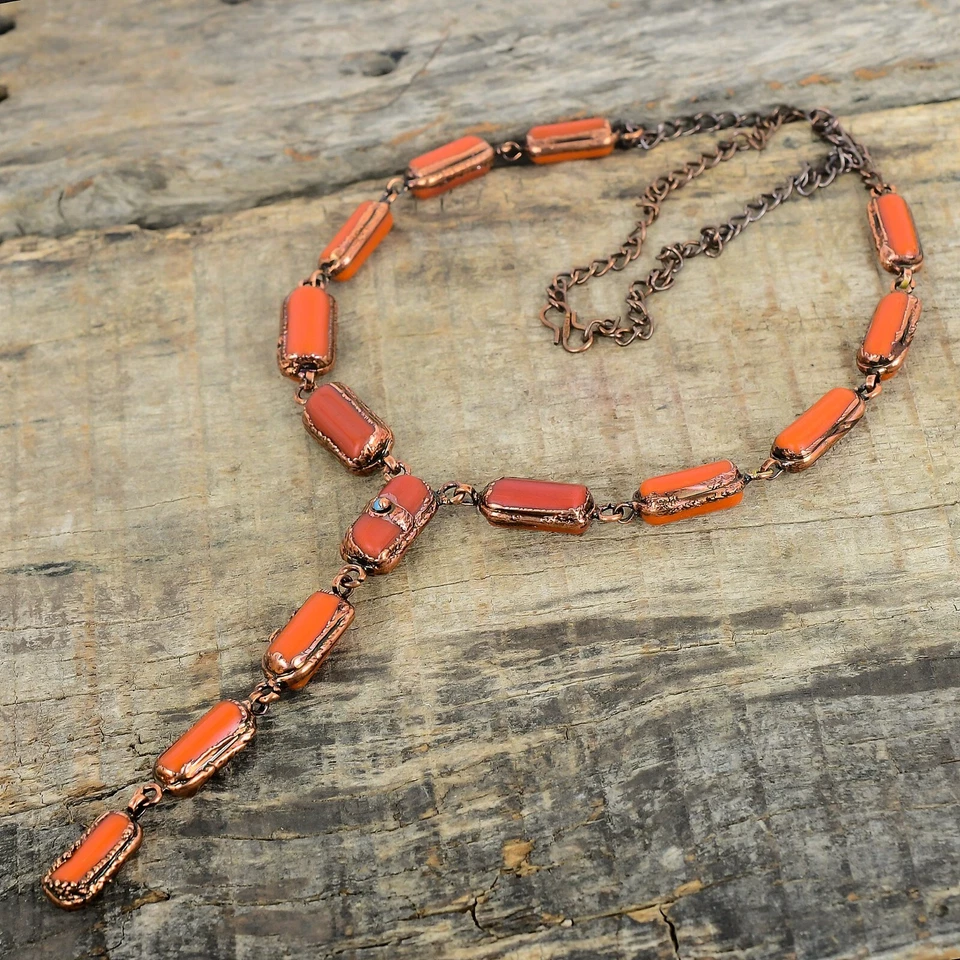 Collar Electroformado Cadena Hermana Cobre Turquesa Piedras Preciosas Coral Rojo Joyería Foto 4 de 4