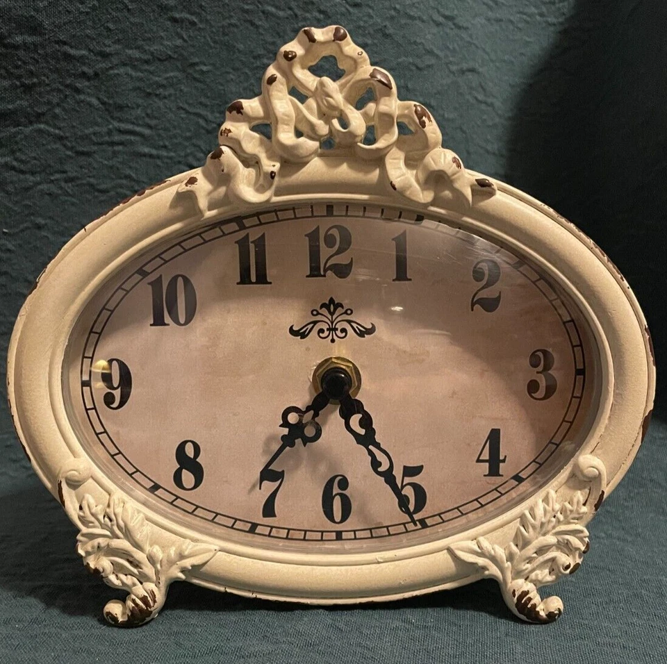 French Country Shabby Chic White Pewter Table Clock Decor - Image 4 of 4