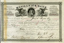 1880 Mechanics Bank of Burlington Stock Certificate