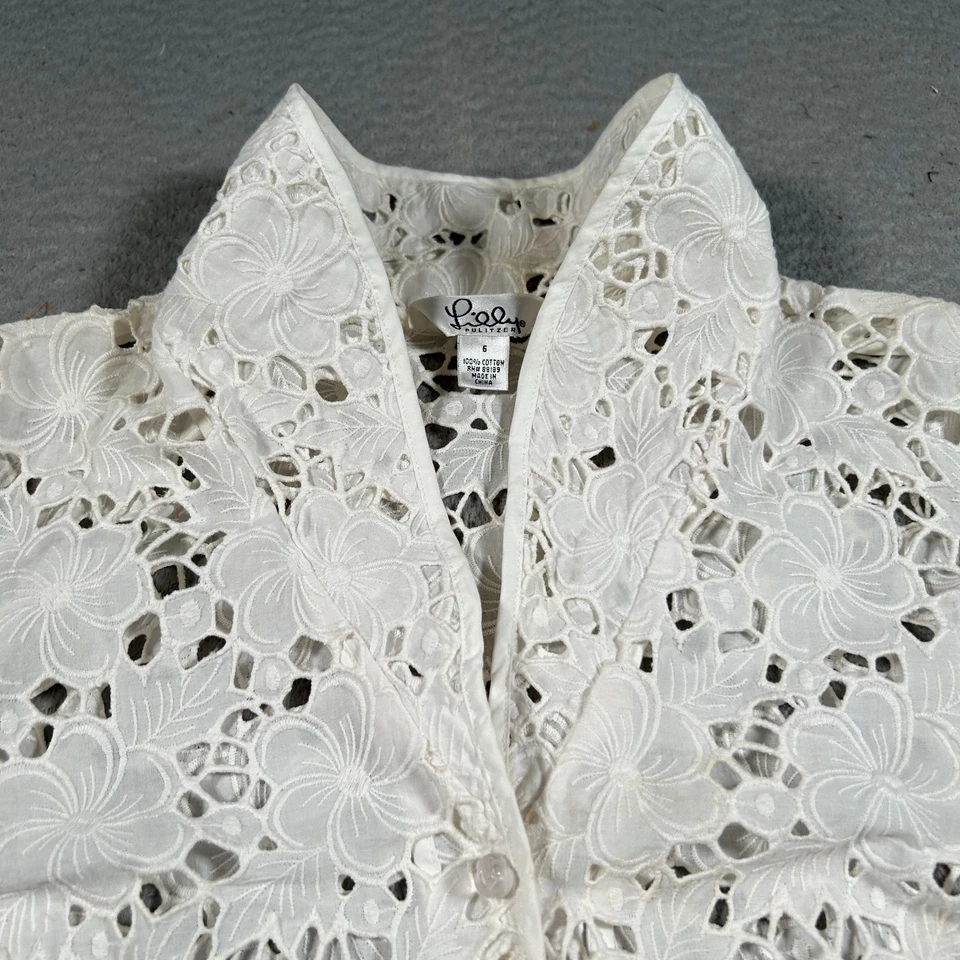 Chaqueta Blazer Lilly Pulitzer Mujer 6 Blanco Floral Ojales Encaje Manga 3/4 Recortada Foto 3 de 4