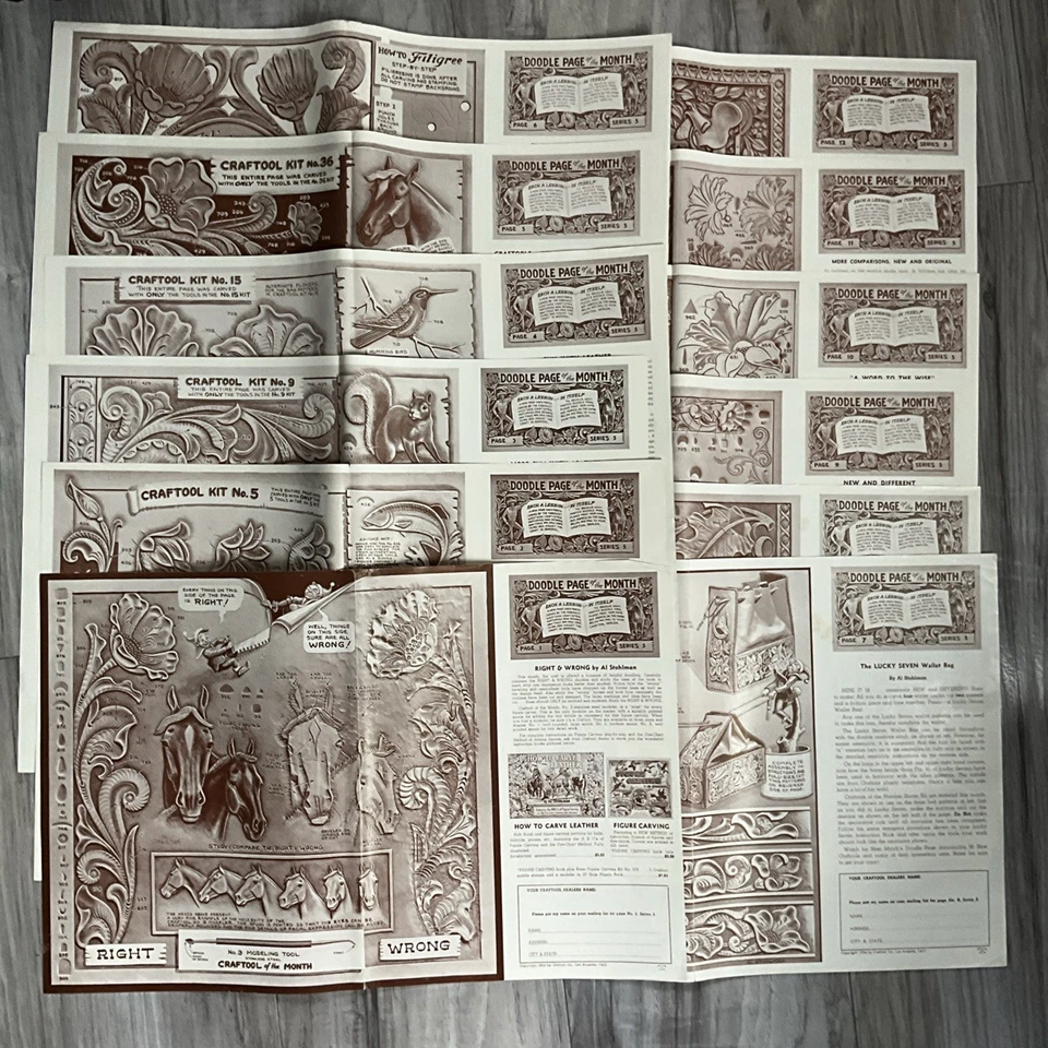 1954 Craftool Doodle Page Of The Month Complete Series 5 Leathercraft Patterns - Image 3 of 4