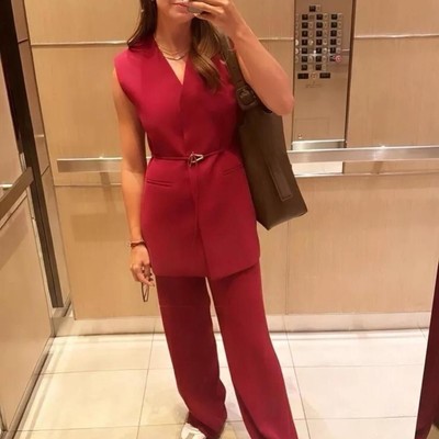 ZARA Dark Red Belted Vest Waistcoat & Matching Trousers Co Ord Set Suit Size M