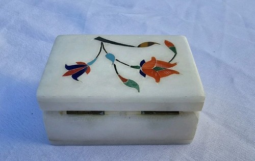 White Marble Stone Inlaid Trinket Box Floral Flowers Jewelry Holder - Picture 4 of 9