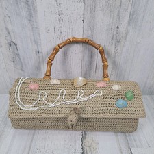 VTG Handbag Woven Raffia Straw Purse Wood Handle Sea Shells Boho Beach Cruise