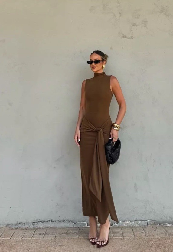 ZARA FW24 WOMAN MIDI DRESS WITH TIED KNOT S,M  DARK TAN 3067/253 NWT