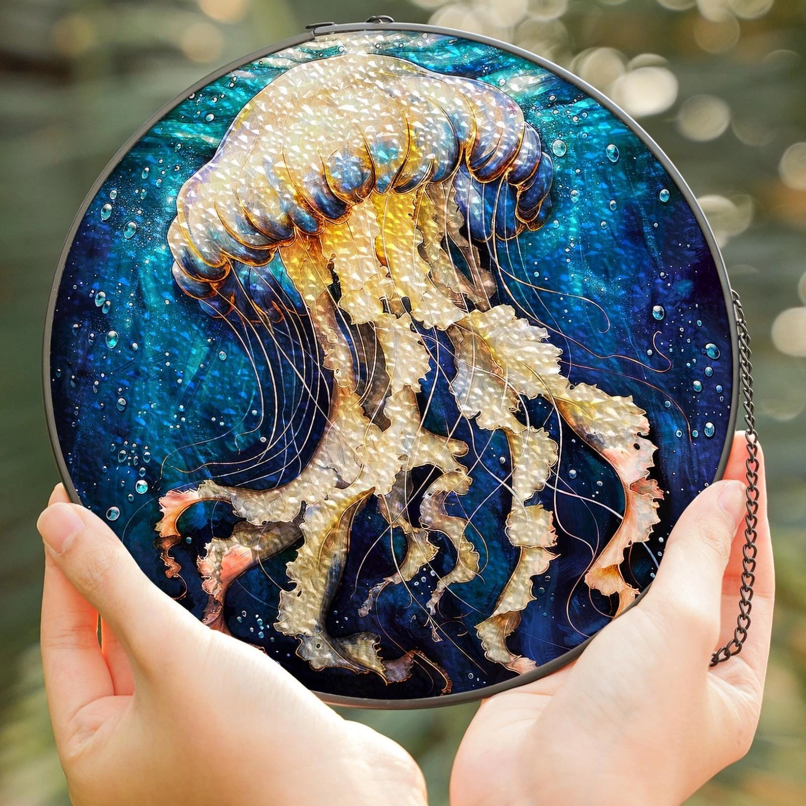 Jellyfish Stained Glass Art   Vibrant Ocean Blue Hoop Wall Decor