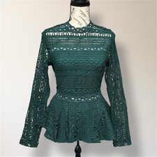 New Endless Rose XS Green Crochet Lace Long Sleeve Peplum Blouse Boho Coquette