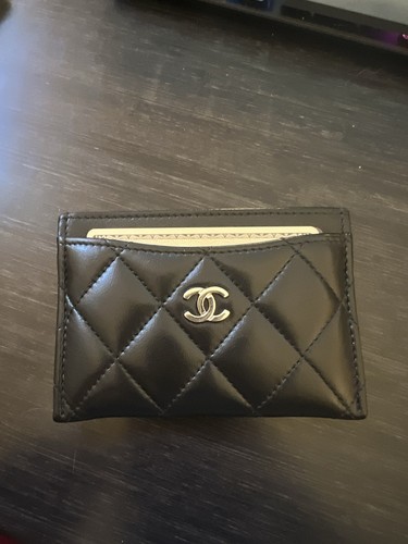 Chanel CC Classic Black Smooth Leather Card Holder Wallet Silver Hardware