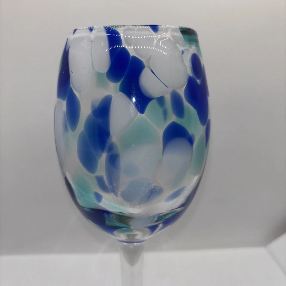 "Copa de vino de vidrio artístico soplada a mano azul blanco moteado vajilla artesanal de 8,5""" Foto 2 de 4