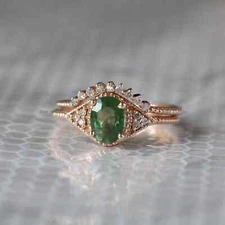 Oval Green Emerald Milgrain Bridal Diamond Crown Set Ring 14k Rose Gold Plated