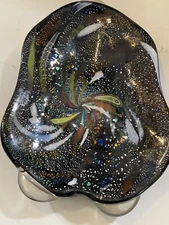 Mid Century Murano Art Glass Swirled Decorative Bowl Dish Black Multi