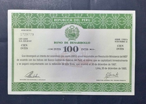 100 Intis Bond - Bono de Desarrollo Peru 1985