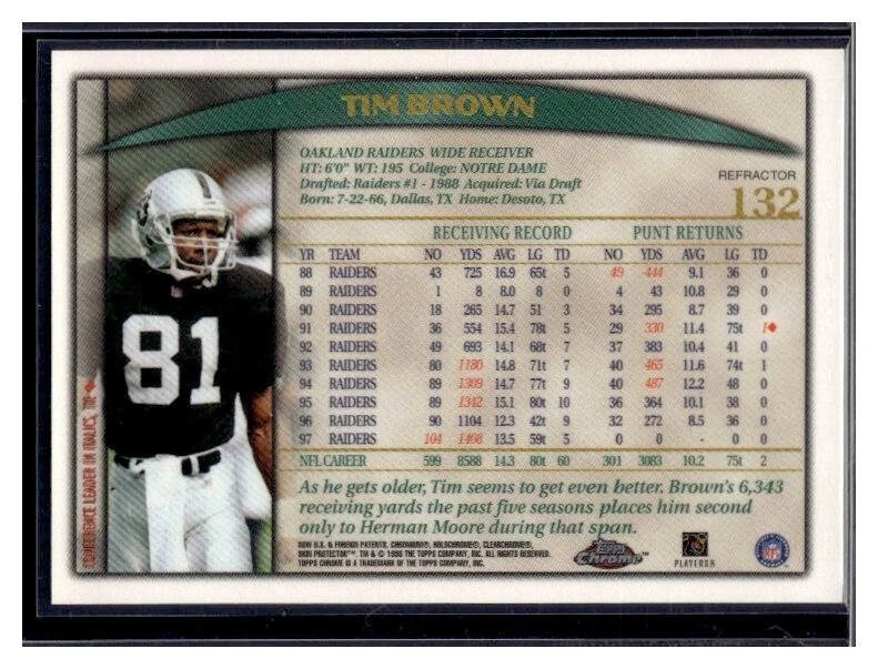 1998 Topps Chrome Tim Brown #132 Refractor Oakland Raiders HOF - Image 2 of 2