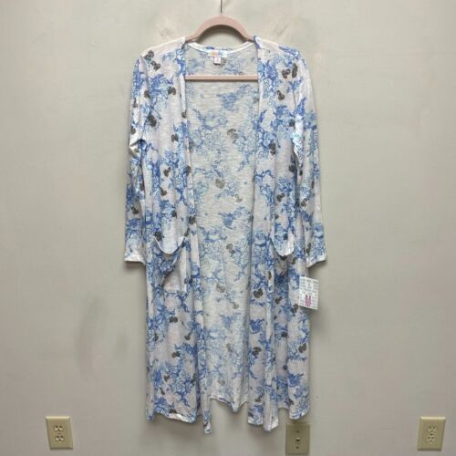 LulaRoe White Blue Floral Long Sleeve Open Front Pocket Sarah Duster Cardigan M