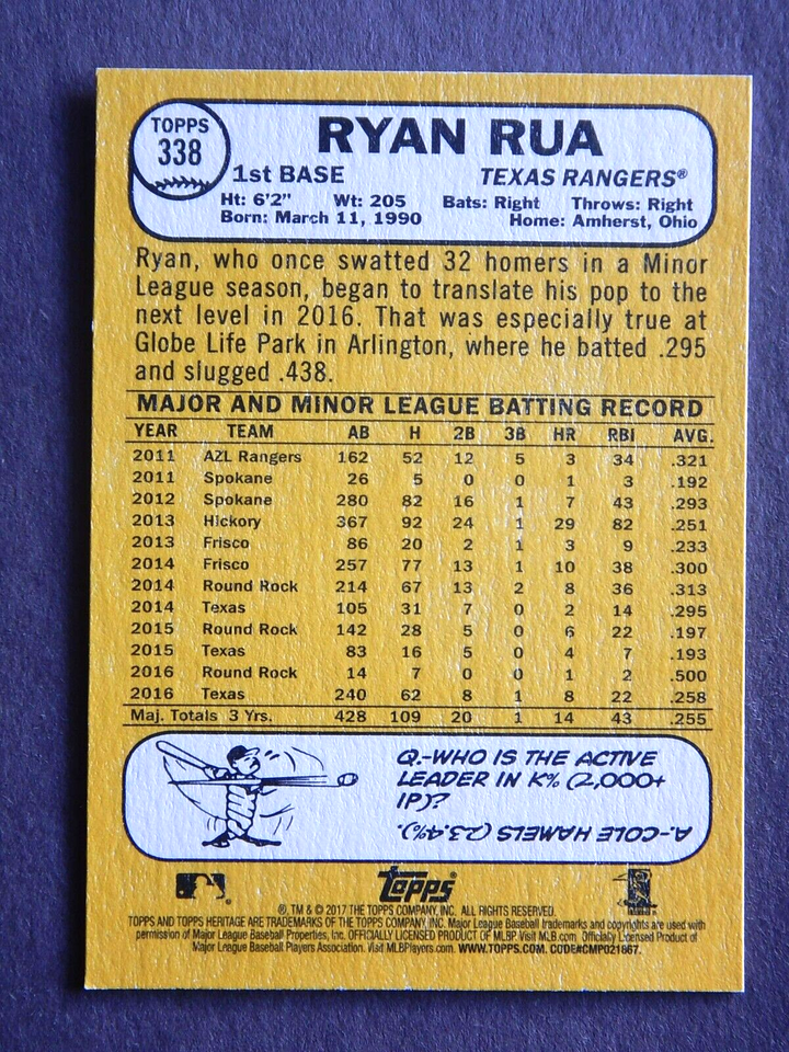 Ryan Rua #338 Topps 2017 Baseball Card (Texas Rangers) VG | eBay
