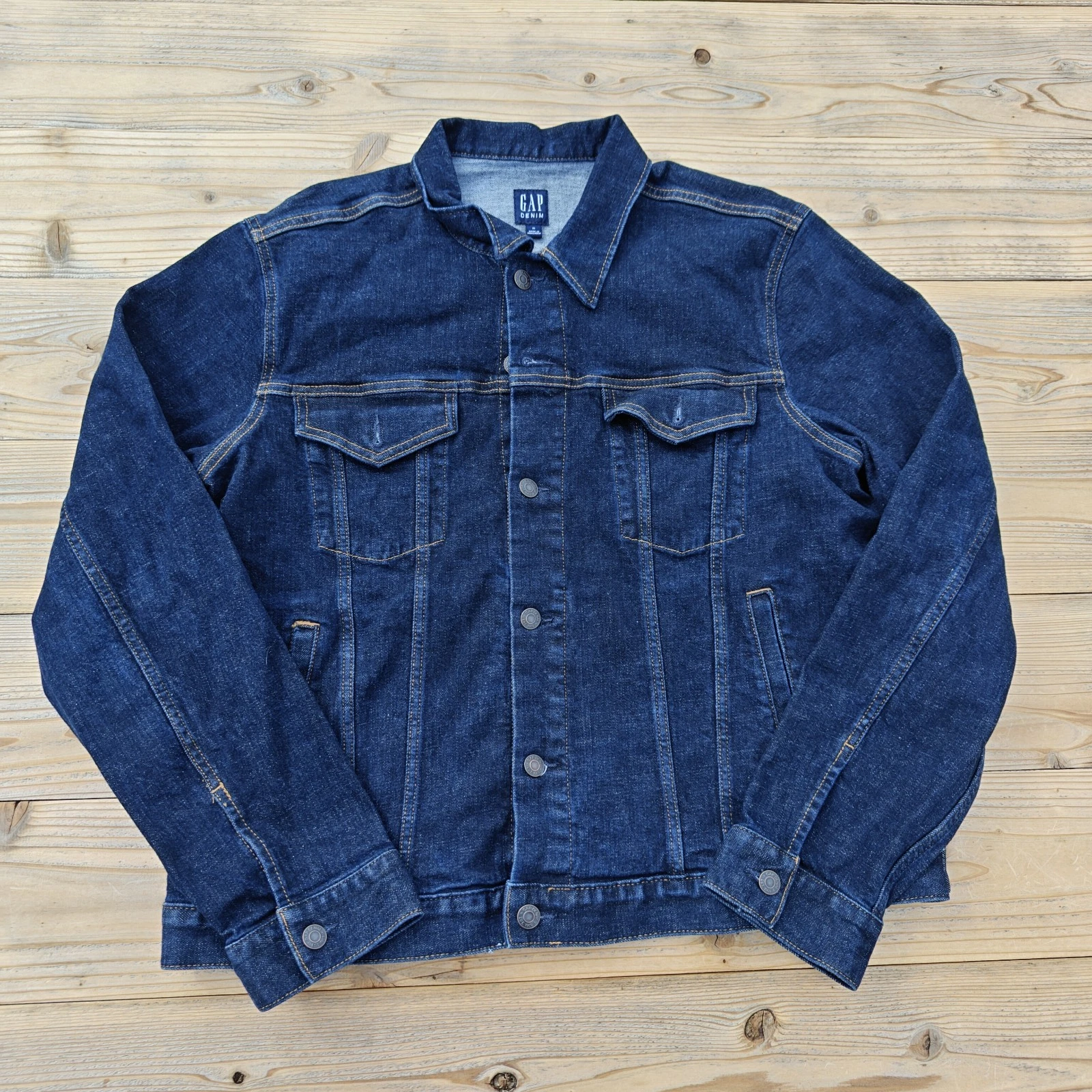 Gap Men's Denim Trucker Jacket Size XL Button Up Navy Blue Stretch