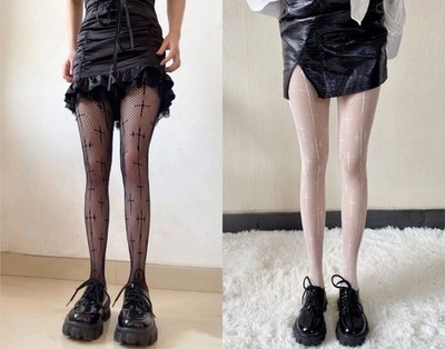 WOMEN'S CROSS PATTERN KNITTED FISHNET TIGHTS PANTYHOSE BLACK WHITE STOCKINGS