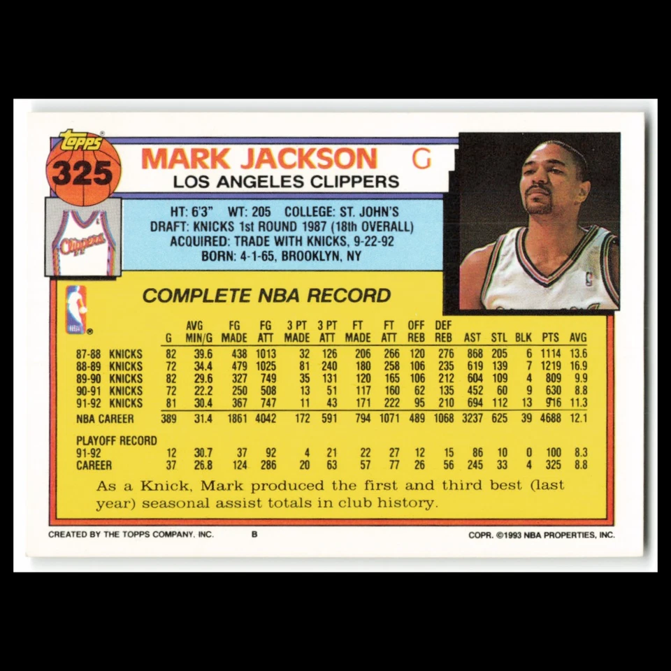 Mark Jackson #325 1992 Topps Los Angeles Clippers Basketball Card NBA NM - Image 2 of 3