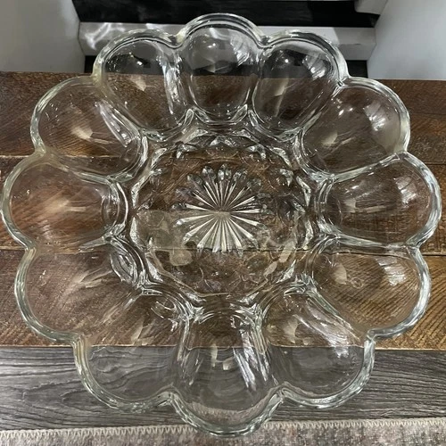 Vintage Anchor Hocking Heavy Clear Glass 10” Deviled Egg Plate Dish Tray Vintage