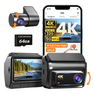 DDPAI 4K Dash Cam Front and Rear,Built-in 32G Z60 64G Card Included, Black 