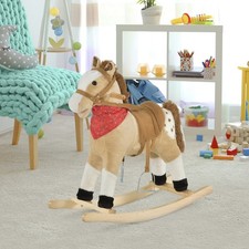 Kids Metal Plush Ride-On Rocking Horse With Sound Saddle- Beige