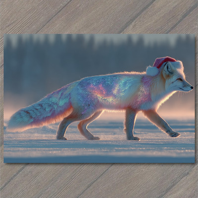 Art Print Christmas Fox Santa Hat Sparkling Fur Winter Snow Twilight Magic Glow