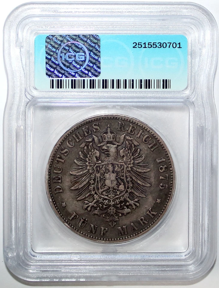 1875 B German States Prussia Silver 5 Mark ICG VF25 KM503 - Image 2 of 4