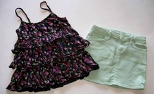 Gap kids girls M 8 outfit black ruffle floral tank top shirt green jean skirt