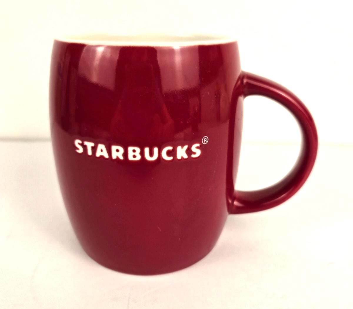 Starbucks Red Ceramic Barrel Mug with White Logo 2011 Coffee Tea Cup