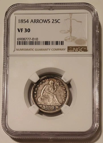 1854 Seated Liberty Quarter Arrows VF30 NGC Toning