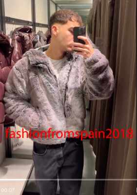 ZARA NEW MAN HOODED CROPPED FAUX FUR JACKET BEIGE GREEN S-XL ZARA NEW MAN HOODED CROPPED FAUX FUR JACKET BEIGE GREEN S-XL
