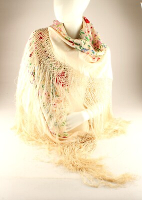 *Russian Pavlov's Traditional Floral Scarf Fringed Scarf Beige 53'' x 53''