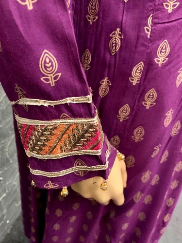 Pakistani Purple long frock Style Embroidered linen dress,Large - Picture 5 of 12