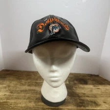 Vintage 90s LEATHER Miami Dolphins Snapback Hat Drew Pearson NFL Black Orange