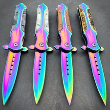 8.2" Rainbow Titanium Fade Spring Assisted Open Folding Tactical Pocket Knife