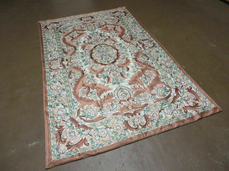 4' X 6' Vintage Embroidery Hand Stitched Rug Silk On Cotton India ...