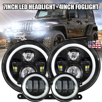 For Jeep Wrangler JK 2007-17 7'' Round LED Headlights + 4'' Fog Lights Combo Kits