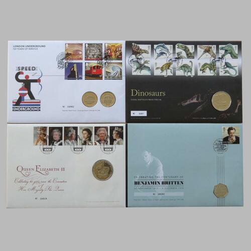 2013 Royal Mail 50p £2 £5 Medal Coin Covers - Royal Mint First Day Covers - Afbeelding 1 van 29