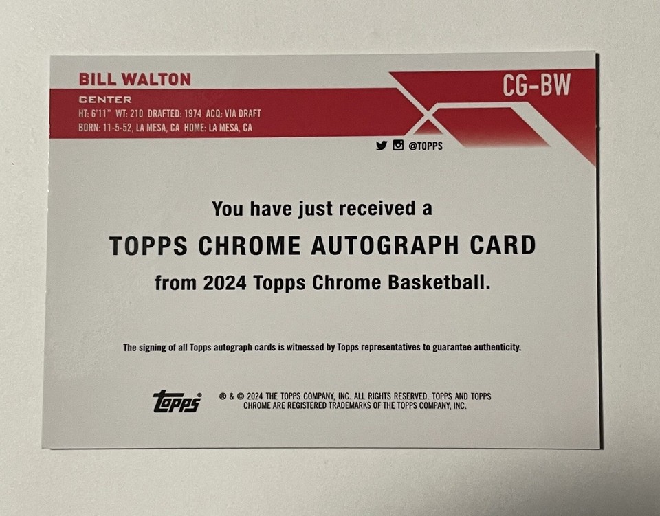 🔥20232024 Topps Chrome Basketball Bill Walton /10 Autograph SSP RIP🔥